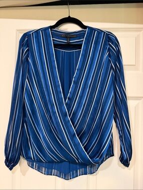 White House Black Market Blue & White Striped Wrap Blouse